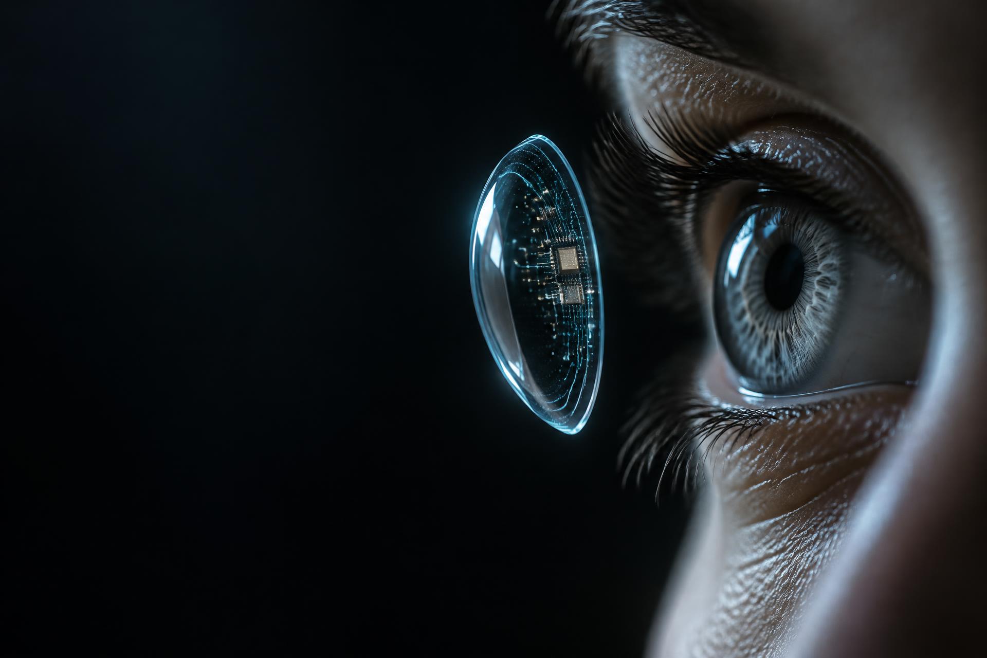 A human eye beside a transparent smart contact lens with glowing micro-circuits
